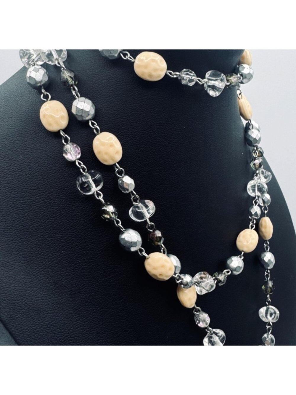 Vintage Lariat Necklace Crystal AB Glass Silver Smoky Cream Neutral BOHO 50" - Picture 4 of 5